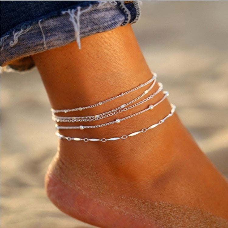 Bohemian-style Flat Snake Chain And Braided Chain Beach Multi-layer Anklet