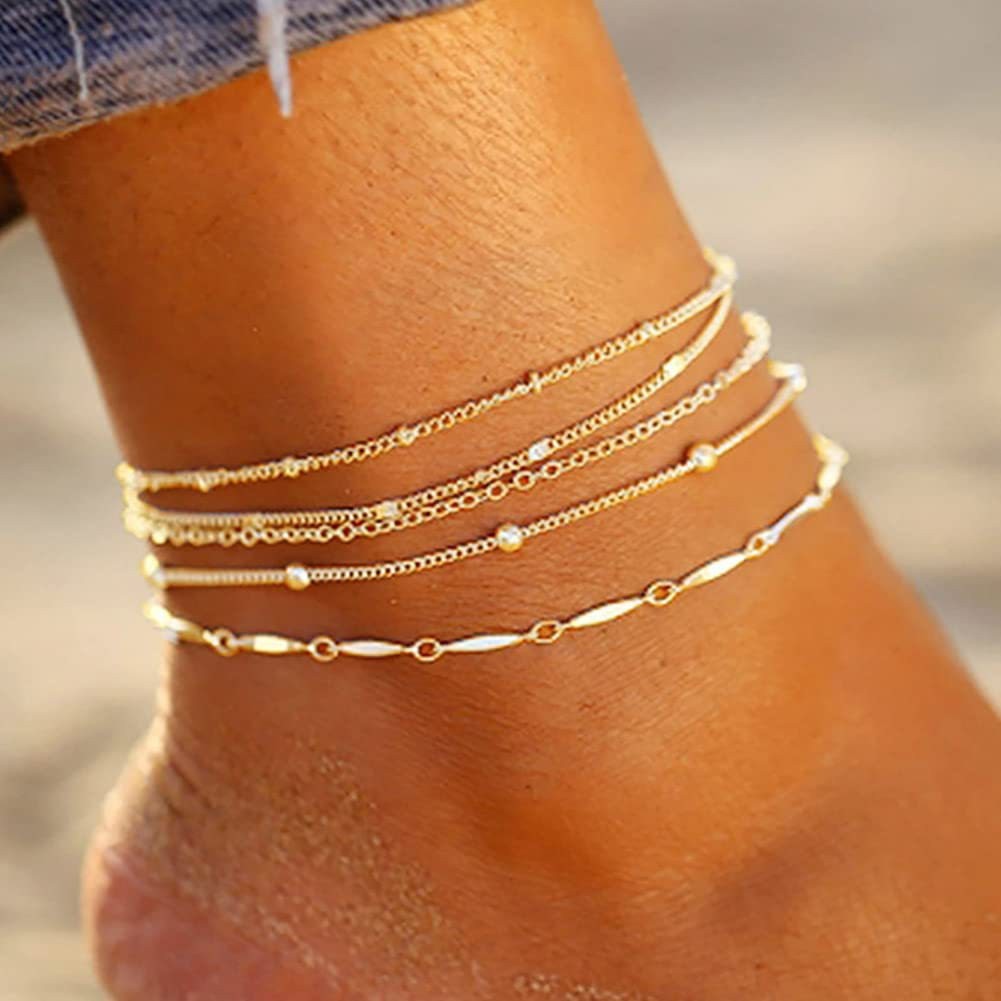 Bohemian-style Flat Snake Chain And Braided Chain Beach Multi-layer Anklet